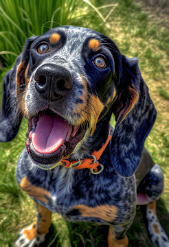 Bluetick Coonhound playing in the garden, happy puppy, cute dogs, Generative AI