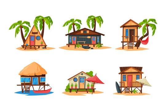 Beach wooden huts, bungalows on exotic topical beach. Summer vacation and travel concept cartoon vector illustration