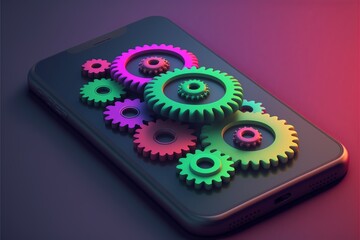Gears on smartphone screen, gradient background. AI digital illustration
