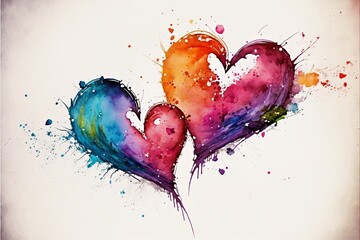 Fototapeta na wymiar Colorful hearts painting, watercolor, white background. AI digital illustration