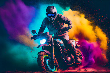 Fototapeta na wymiar Man riding a motorcycle with splashes of paint. Moto racer. Generative AI.