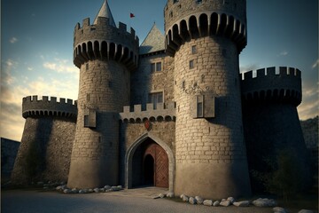 Landscape with medieval castle with sky and clouds in the background. AI digital illustration