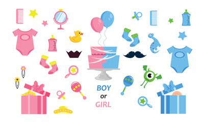 Set of equipment for little boy or girl in cartoon style. Vector illustration of boxes with children, different toys, decorations, clothes, blue-pink cake, balloons on white background. © MVshop