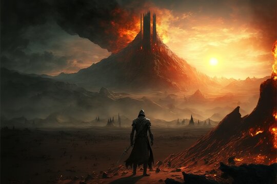 Warrior standing on lava field looking at castle on top of volcano, landscape. AI digital illustration