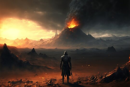 Warrior standing in field looking at erupting volcano, landscape. AI digital illustration