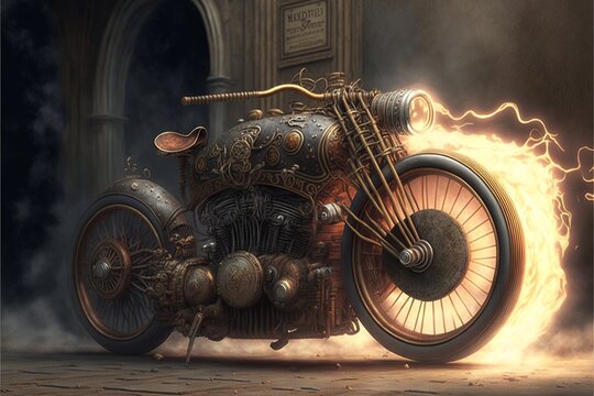 Old Motorcycle In Steampunk Style, Background. AI Digital Illustration