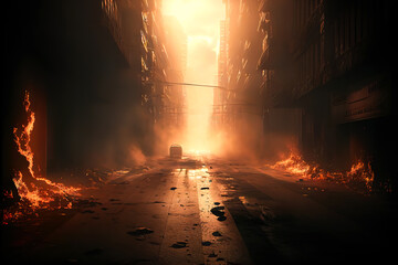 3D Illustration. Digital Art. Warzone city with smoke and fire sources, concept art