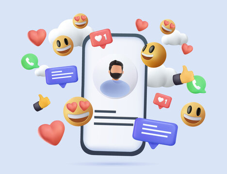 3D online social communication applications. Social media platform app with emoji, hearts on smartphone background. Chat messenger, SMM. 3d Vector illustration render cartoon