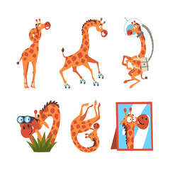 Obraz na płótnie Canvas Crazy giraffe in different actions set. Funny African animal character rollerblading, floating in space, spying with binoculars, looking at mirror cartoon vector illustration