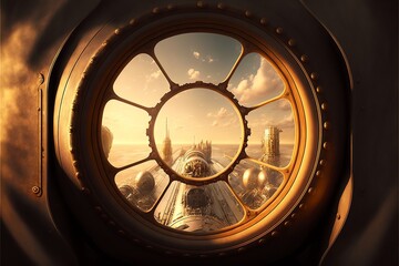 View from inside an airship, steampunk style. AI digital illustration