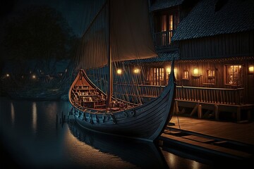 Viking village with wooden boat, wooden deck on the lake. AI digital illustration