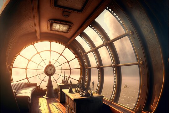 View from inside an airship, steampunk style. AI digital illustration