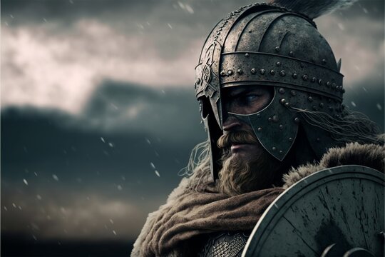 Viking warrior from the back with helmet, mountains in the background. AI digital illustration