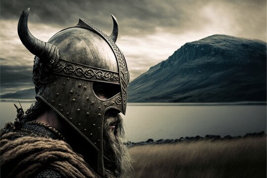 Viking warrior from the back with helmet, mountains and lake in the background. AI digital illustration