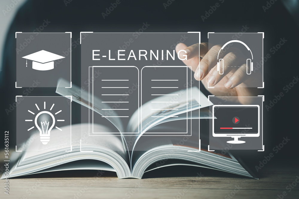 Poster Concept of Online education. man use Online education training and e-learning webinar on internet for personal development and professional qualifications. Digital courses to develop new skills.