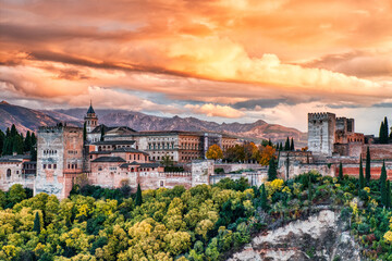 Alhambra Fortress Aerial View at Sunset with Amazing Clouds, Granada, Andalusia