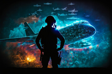 Obraz premium Soldier stands at attention in front of digital backdrop. Directing high-intensity conflict operations with modern aircrafts, ideal image for military-related graphics and presentations.