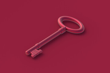Old key of magenta on red background. Color of the year 2023. Educational logic toys. Montessori games. 3d render