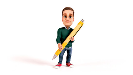cartoon man holding pen giant office contact us message mail writing letter 3D illustration