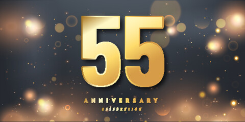 55th Year anniversary celebration background. 3D Golden number with Shiny Glitter lights In black dark night background.