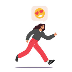 Young Woman or Teenager Girl Run with Yellow Heart Eyed Smile above Head Isolated on White Background