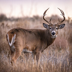 Mature White-tailed deer (odocoileus virginianus) standing broadside in field during fall deer rut...