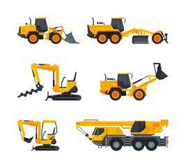 Heavy construction machinery set. Excavator, crane, drill, scraper service vehicles special transport flat vector illustration
