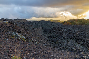 View of the volcanic rocks of Mount Etna in Sicily