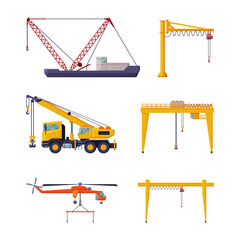 Set of construction and industrial cranes. Construction and cargo crane, heavy special machinery flat vector illustration