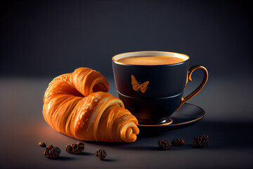 coffee on the table with croissant.  Generative AI.