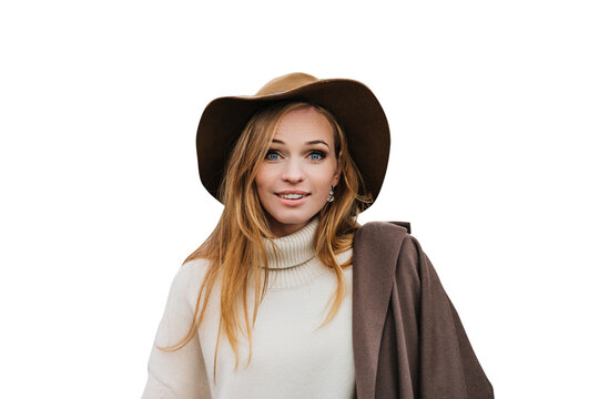 Close up portrait of a shocked red haired woman wearing beige coat, white sweater and a hat, walking in the city, being in surprise, against transparent background. Vogue and people emotions.