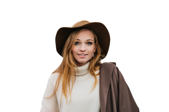 Close up portrait of a shocked red haired woman wearing beige coat, white sweater and a hat, walking in the city, being in surprise, against transparent background. Vogue and people emotions.