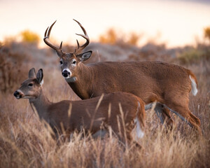 Mature White-tailed deer (odocoileus virginianus) standing broadside in field with doe in...
