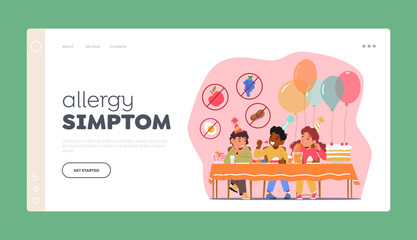 Allergy Symptoms Landing Page Template. Sad Boy with Food Allergy Avoid Eating Sweets on Birthday Party Illustration