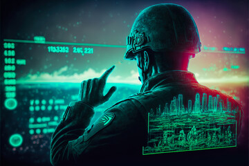 Naklejka premium A silhouetted soldier remotely controls military operations in a modern conflict. Illustration of the impact of technology on modern warfare strategies.