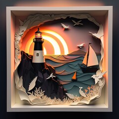 Magical lighthouse paper craft in a shadow box , fantasy lighthouse illustration, generative ai, lighthouse at night