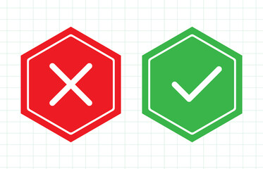 Check and wrong mark on hexagon geometric shape vector design.