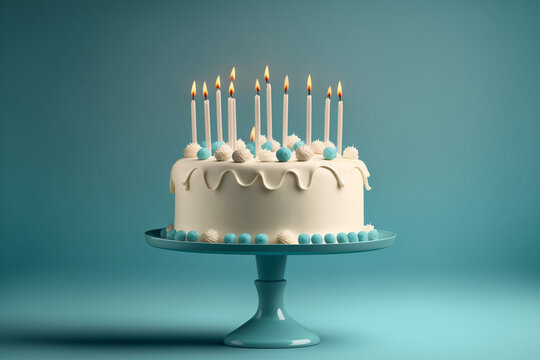 White birthday cake with candles over blue background, blank empty space