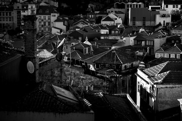 Rooftops of old city, Porto, Portugal. Black and white photo.