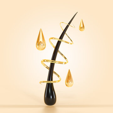 Hair follicle oil cosmetics with spiral and drops gold liquid, keratin or serum on beige background 3d render. Treatment and repair of damaged hair structure, mockup ad promo banner