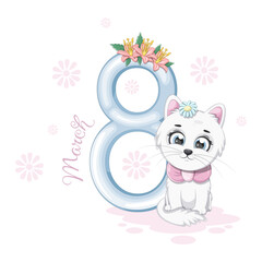 Spring card from March 8 with a cute cat and the number 8