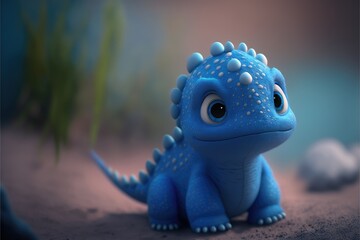 Blue baby dinosaurus or dragon with big eyes, dino created with generaive ai