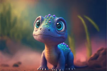 Fototapeten Blue or purple baby dinosaurus or dragon with big eyes, dino created with generaive ai © annne