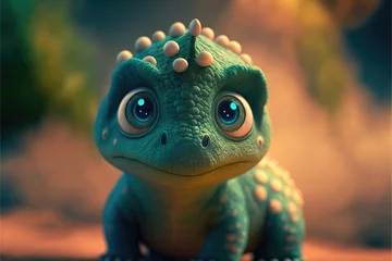 Photo sur Plexiglas Dinosaures Green baby dinosaurus or dragon with big eyes, dino created with generaive ai