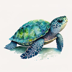 Adorable turtle isolated on white. Cute green, blue, turquoise watercolor tortoise. Illustration, generative art