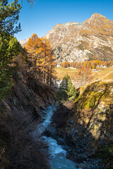 Great views of the River Orlegna and the gorge near the Maloja Pass in Switzerland on a sunny day in late October