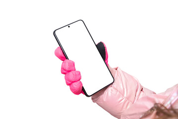 Phone held in a winter gloved girl hand, isolated display and background for app promotion