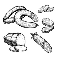 Hand drawn sketch style set of various sausages, salami. Butcher shop elements collection for menu , package designs. Vector illustration.