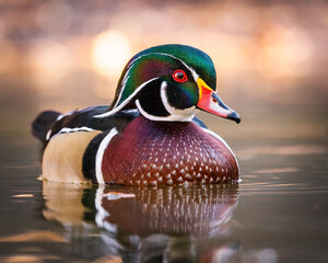 Close up of mature Wood duck (aix sponsa) drake making eye contact on fall morning Colorado, USA