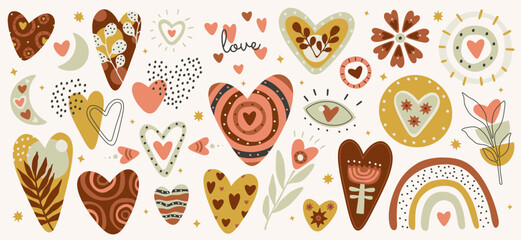 Hearts and elements in boho style flat icons set. Different vintage figures with bohemian ornament © Mykola Syvak